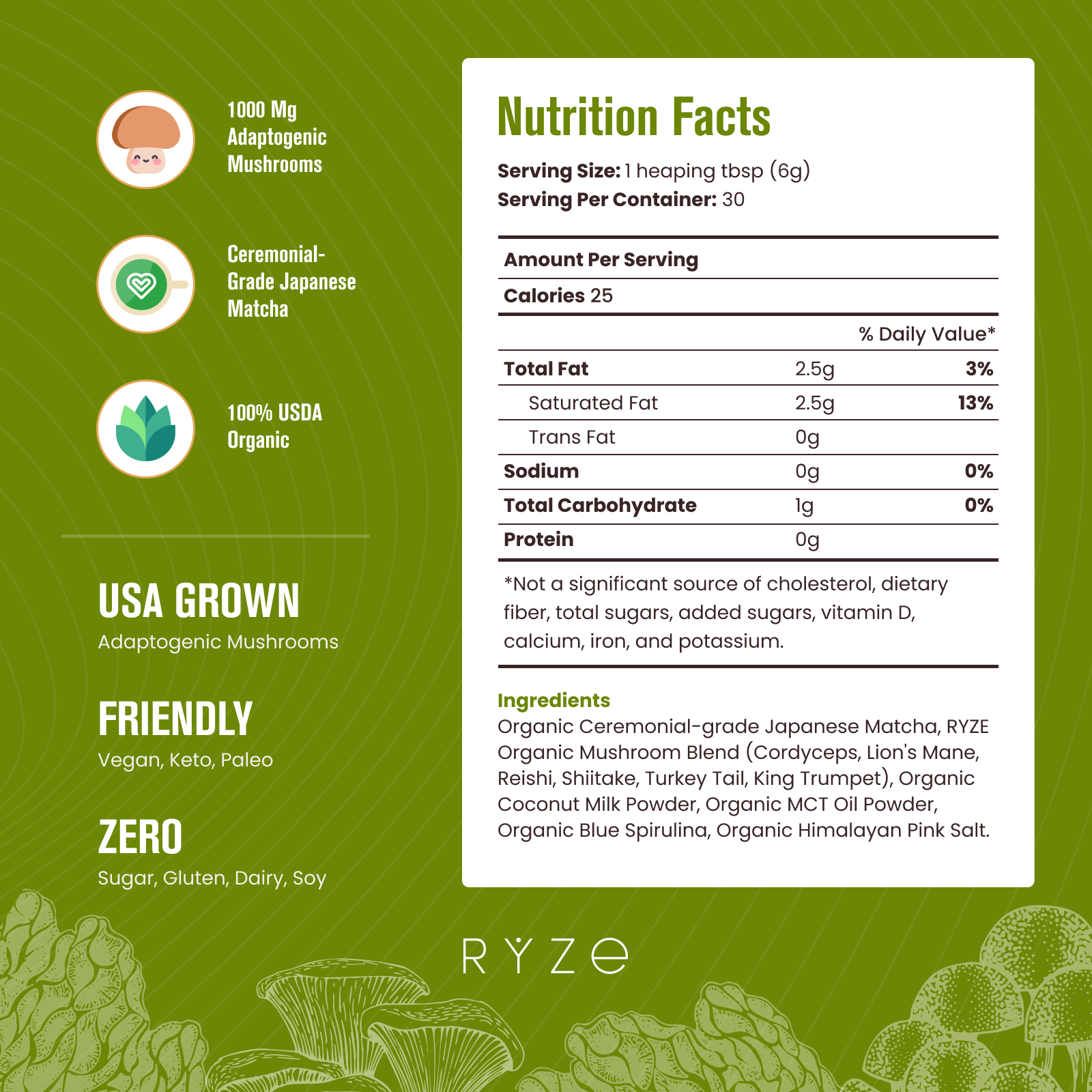 RYZE Mushroom Matcha - with 6 Organic Adaptogenic Mushrooms Grown In USA and Ceremonial-Grade Japanese Matcha - 2DFO